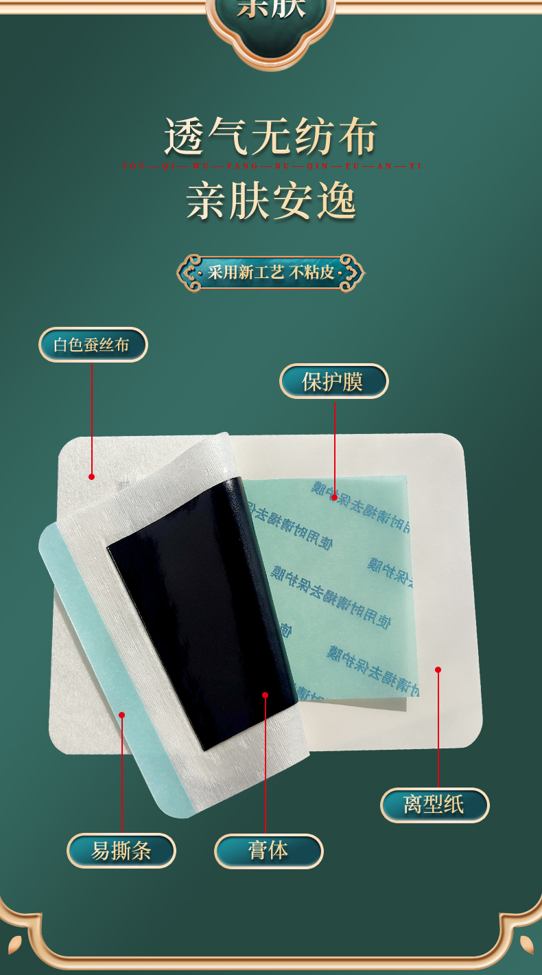 膏貼材質為白色透氣蠶絲布，透氣無紡布，四彈布等多種膏藥布可選，易撕條，黑膏體